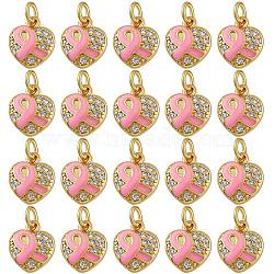 20Pcs Brass Micro Pave Clear Cubic Zirconia Charms, with Jump Rings, Real 18K Gold Plated, Heart with Awareness Ribbon, Pearl Pink, 11.5x10x2.5mm, Hole: 3.5mm(KK-SZ0004-72)