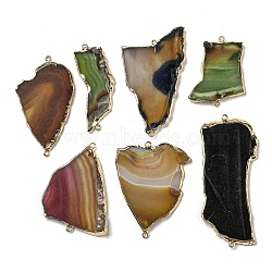 Dyed Natural Agate Connector Charms, Nuggets Links with Brass Edge, Light Gold, 39.5~72x19.5~41x3~6mm, Hole: 1.6~2mm(G-H304-04KCG)