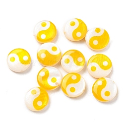 Printed Natural Freshwater Shell Beads, Yin Yang Flat Round Beads, Gold, 8x2.5~3mm, Hole: 0.8mm(SHEL-R129-07A-03)