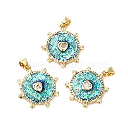 Brass Micro Pave Cubic Zirconia Pendants, with Synthetic Opal, Long-Lasting Plated, Lead Free & Cadmium Free, Helm with Heart, Real 18K Gold Plated, 25x22x3mm, Hole: 3x4mm(KK-K385-132G)