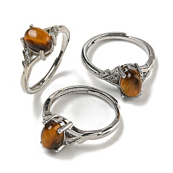 Oval Natural Tiger Eye Adjustable Rings, Brass Clear Cubic Zirconia Ring for Women, Long-Lasting Plated, Lead Free & Cadmium Free, Platinum, Inner Diameter: 18mm(RJEW-Q818-01P-10A)