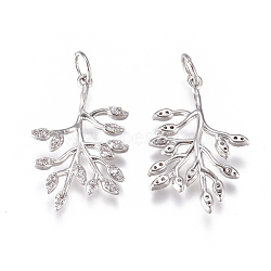 Brass Pendants, with Micro Pave Cubic Zirconia and Jump Rings, Branches and Leaves, Clear, Platinum, 22x14.5x2mm, Hole: 3.5mm(ZIRC-L070-92P)