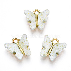 Alloy Pendants, with Resin and Glitter Powder, Cadmium Free & Lead Free, Butterfly, Golden, Honeydew, 13x13~15x3.5mm, Hole: 2mm(RESI-S385-004G)