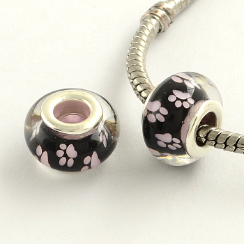 Large Hole Dog Paw Prints Pattern Resin European Beads, with Platinum Plated Brass Double Cores, Rondelle, Pink, 14x9mm, Hole: 5mm