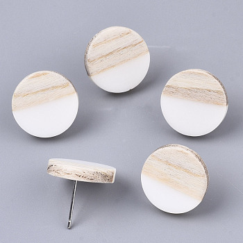 Resin & Wood Stud Earrings, with 304 Stainless Steel Pin, Flat Round, Creamy White, 15mm, Pin: 0.7mm