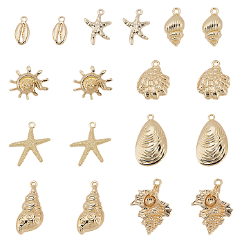 18Pcs 9 Styles Ocean Series Alloy Pendants, Golden, Mixed Shapes, 17~31.5x8.5~22.5x2~12.5mm, Hole: 1.3~2.5mm, 2pcs/style