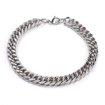 304 Stainless Steel Cuban Link Chain Bracelets, with Lobster Claw Clasps, Faceted, Stainless Steel Color, 8-5/8 inch(225mm), 9mm