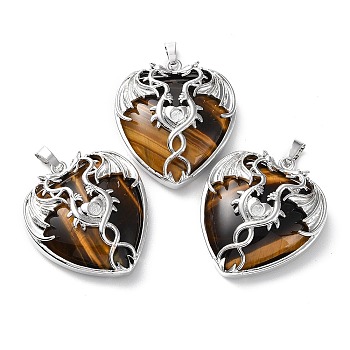 Natural Tiger Eye Heart Pendant Rhinestone Settings, Rack Plating Platinum Plated Brass Wings Charms, Long-Lasting Plated, Fit for 3mm Rhinestone, 37x33x10~11.5mm, Hole: 8x5mm