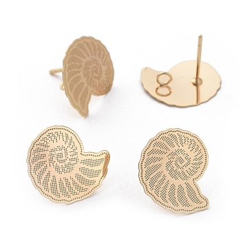 Brass Stud Earring Findings, Snail, Real 18K Gold Plated, 15x13mm, Hole: 1.8mm, Pin: 0.7mm