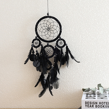 Woven Web/Net with Feather Pendant Decorations, with Polyester Cord and Iron Finding, Black, 460x160x5mm