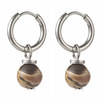 Natural Plum Blossom Jade Beads Earrings for Girl Women Gift, 202 Stainless Steel Huggie Hoop Earrings, 25.5mm, Pin: 1mm