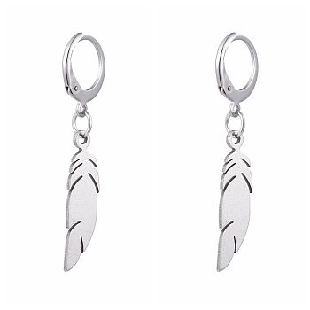 304 Stainless Steel Leverback Earrings, with 201 Stainless Steel Pendants, Feather, Stainless Steel Color, 40mm, Pin: 0.6x0.8mm