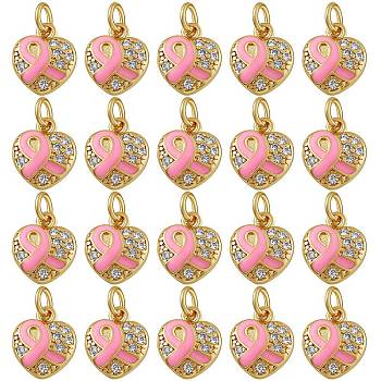 20Pcs Brass Micro Pave Clear Cubic Zirconia Charms, with Jump Rings, Real 18K Gold Plated, Heart with Awareness Ribbon, Pearl Pink, 11.5x10x2.5mm, Hole: 3.5mm