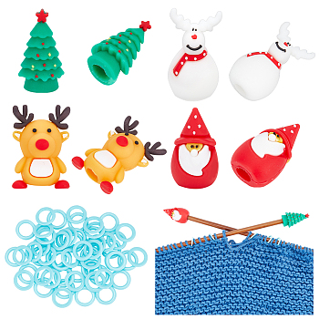 Knitting Tool Kit, Including Christmas Tree & Santa & Deer Silicone Needles Protectors Stoppers, Plastic Knitting Stitch Maker Rings, Mixed Color, 68s/box