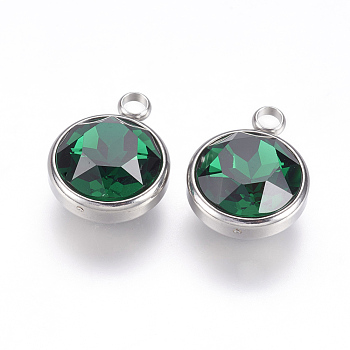 K9 Glass Rhinestone Pendants, May Birthstone Charms, with 304 Stainless Steel Findings, Flat Round, Green, 18x14x9mm, Hole: 2.5mm