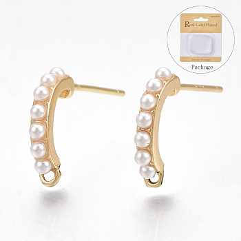 Brass Stud Earring Findings, with Loop and ABS Plastic Imitation Pearl, Nickel Free, Real 18K Gold Plated, 17~18x13~14mm, Hole: 1mm, Pin: 0.8mm