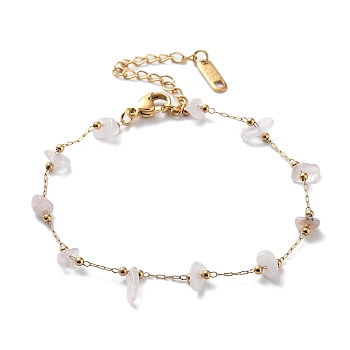 Natural Rose Quartz Chips Beaded Chain Bracelets, with Golden 316 Surgical Stainless Steel Chains, 6-7/8~7-1/8 inch(17.5~18cm)