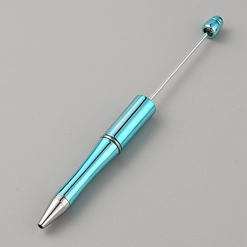 Plastic Ball-Point Pen, Beadable Pen, for DIY Personalized Pen with Jewelry Bead, Cyan, 146x12mm