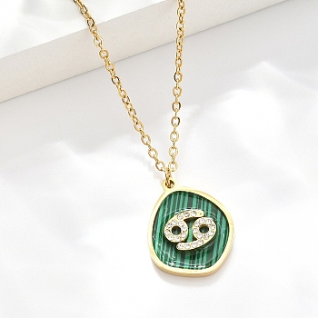 304 Stainless Steel Micro Pave Cubic Zirconia constellation Pendant Necklaces, with Synthetic Malachite, Golden, Cancer, 17.72 inch(45cm) long+50mm extender