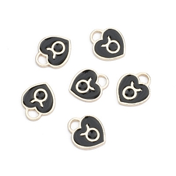 Alloy Enamel Charms with 12 Constellations, Heart, Black, Taurus, 12x14mm, Hole: 2mm, 10pcs/bag