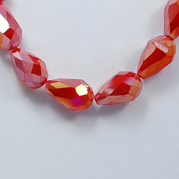 Electroplate Glass Beads Strands, Imitation Jade Beads, Faceted, Teardrop, Red, 11x8mm, Hole: 1mm, 60pcs/strand, 28 inch