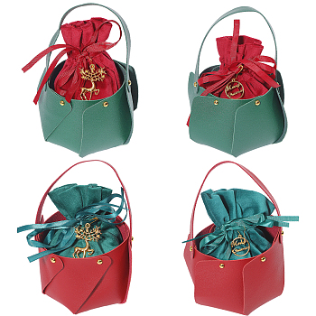 CHGCRAFT 4 Styles Christmas PU Leather Candy Bucket Tote, Christmas Apple Shaped Velvet Candy Drawstring Gift Bags with Deer Charms, Mixed Color, 14x15.3x0.25cm, Deer: 25~41x22~30x1~3mm, Hole: 1.5~3mm