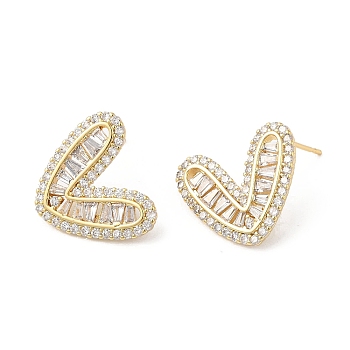 Heart Brass Micro Pave Cubic Zirconia Stud Earrings for Valentine's Day, Real 18K Gold Plated, 16.5x19mm
