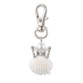 Angel Spiral Shell Pendant Decooration, Glass Pearl Round Bead & Alloy Swivel Lobster Claw Clasps Charms for Bag Ornaments, Butterfly, 61.5mm