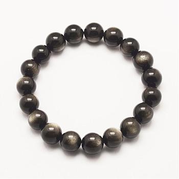 Grade AA Natural Golden Sheen Obsidian Beaded Stretch Bracelets, 2-3/8 inch(59.5mm)