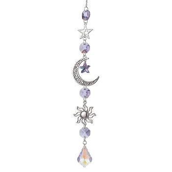 Glass Pendant Decorations, With Alloy Finding, Star with Moon, Lilac, 300mm