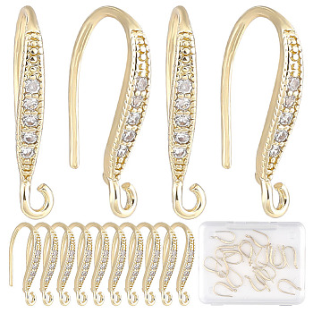 22Pcs Brass Micro Pave Clear Cubic Zirconia Earring Hooks, with Vertical Loops, Real 18K Gold Plated, 15x2mm, Hole: 1.2mm, Pin: 0.7mm