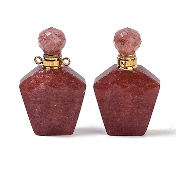 Natural Strawberry Quartz Openable Perfume Bottle Pendants, Faceted, with Golden Tone 304 Stainless Steel Findings, 37.5x22.5x11mm, Hole: 1.8mm