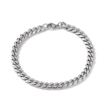 201 Stainless Steel Curb Chain Bracelet with 304 Stainless Steel Clasps for Men Women, Stainless Steel Color, 7-7/8 inch(20cm), Link: 8x6x2mm