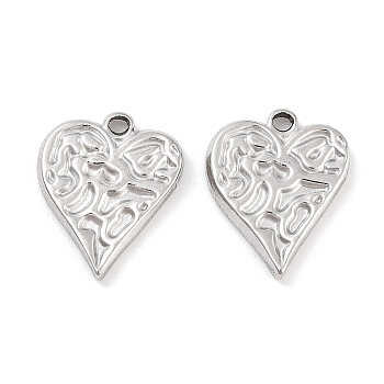 Non-Tarnish 304 Stainless Steel Pendants, Textured Heart Charm, Stainless Steel Color, 15x12.5x2mm, Hole: 1.4mm