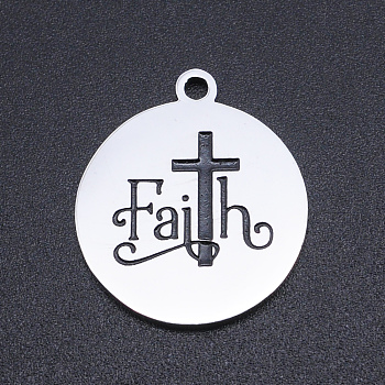 201 Stainless Steel Etched Charms, Inspirational Message Charms, Flat Round with Word Faith, Cross, Stainless Steel Color, 22x19x1.5mm, Hole: 1.8mm