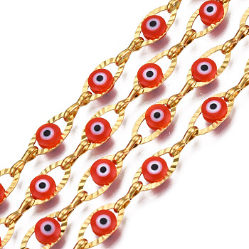 Ion Plating(IP) 304 Stainless Steel Textured Oval Cable Chains, with Enamel Evil Eye Beads, with Spool, Unwelded, Real 18K Gold Plated, Nickel Free, FireBrick, 11x5.5x3mm, 7.5x3x1mm, about 32.81 Feet(10m)/Roll