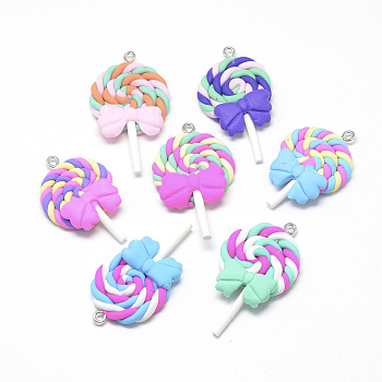 Handmade Polymer Clay Pendants, Lollipop with Bowknot, Mixed Color, 40~53x27~30x7~9mm, Hole: 2mm
