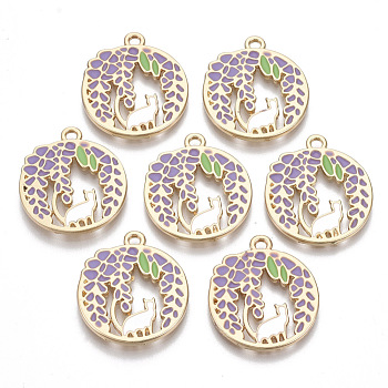 Alloy Pendants, with Enamel, Flat Round with Leaf and Cat Shape, Golden, Medium Purple, 25x22x1.5mm, Hole: 2mm