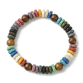 Dyed Natural Lava Rock Disc & Wood Beaded Stretch Bracelet, Colorful, Inner Diameter: 2 inch(5cm)
