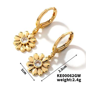 Fashionable Copper Inlaid Zircon Hoop Earrings, Elegant and Versatile Ear Accessories, Golden, Flower, 25x10mm