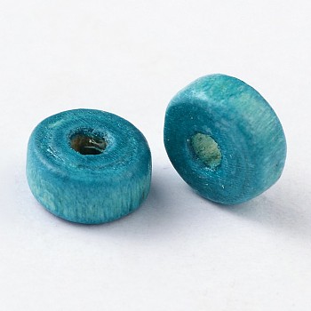 Natural Maple Wood Beads, Lead Free, Flat Round, Dyed, Dark Turquoise, 6x3mm, Hole: 2mm, about 900pcs/50g