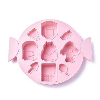 Food Grade Silicone Molds, Baking Molds, for Fondant, Pudding, Cake, Candy, Cookie, Ice Cube Making, Pen & Mushrooom & Calculator & House & Schoolbag, Pink, 210x262x29mm, Inner Diameter: 37~67x19~60mm