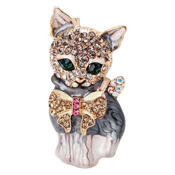 Cat Shape Enamel Pins, Alloy Rhinestone Brooches for Backpack Clothes, Light Grey, 45x20mm