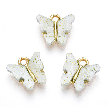 Alloy Pendants, with Resin and Glitter Powder, Cadmium Free & Lead Free, Butterfly, Golden, Honeydew, 13x13~15x3.5mm, Hole: 2mm