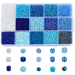 180G 15 Styles Glass Seed Beads, Round, Blue, 1.5~4mm, Hole: 0.5~1mm, about 12g/style(SEED-HY0001-38)