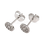 304 Stainless Steel Stud Earring Findings, Flat Round with Honeycomb, Stainless Steel Color, 12x6mm, Pin: 0.7mm(STAS-P434-06A-P)