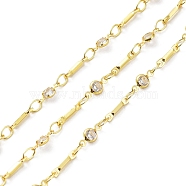 Real 18K Gold Plated Brass Flat Round & Bar Link Chains, with Glass Beaded, Soldered, with Spool, Clear, 8.5x2x1mm, 8x4x2mm, about 32.81 Feet(10m)/Roll(CHC-C001-08G)