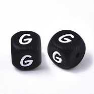 Food Grade Eco-Friendly Silicone Beads, Horizontal Hole, Chewing Beads For Teethers, DIY Nursing Necklaces Making, Cube, Black, Letter.G, 12x12x12mm, Hole: 2mm(SIL-T055-G)