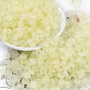 Transparent Colours Glass Seed Beads, Donut, Lemon Chiffon, 6.5x3mm, Hole: 1.8mm, about 1363pcs/pound(SEED-P008-01B-10)