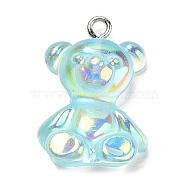 Transparent Resin Pendants, Iridescent Bear Charms with Platinum Plated Iron Loops, Light Cyan, 24.5~25.5x17~18x8~8.5mm, Hole: 1.8mm(RESI-M033-01A)